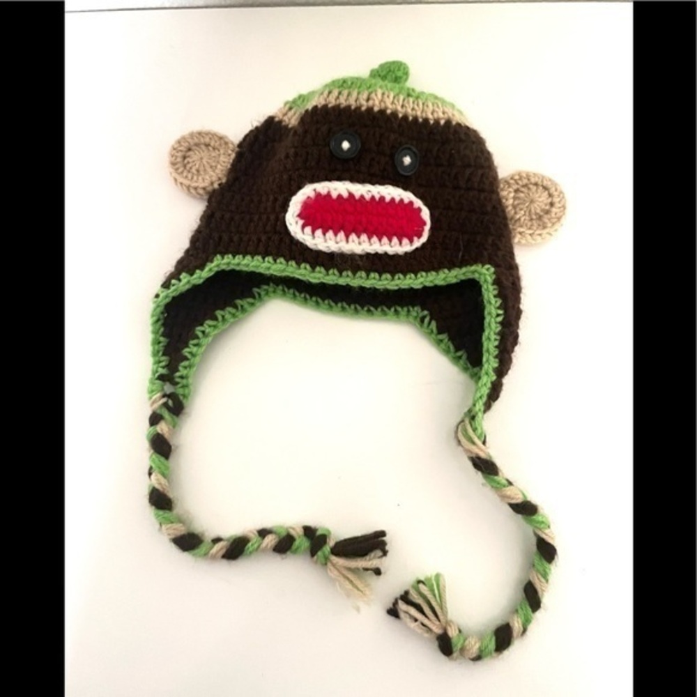 HANDMADE Knitted crochet toddler monkey beanie with braids -one size